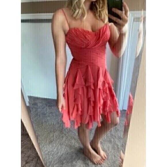 MAX & CLEO Dress Womens 6 Peach/Pink Spaghetti Straps Ruffles Side Zipper NWT - Picture 2 of 14